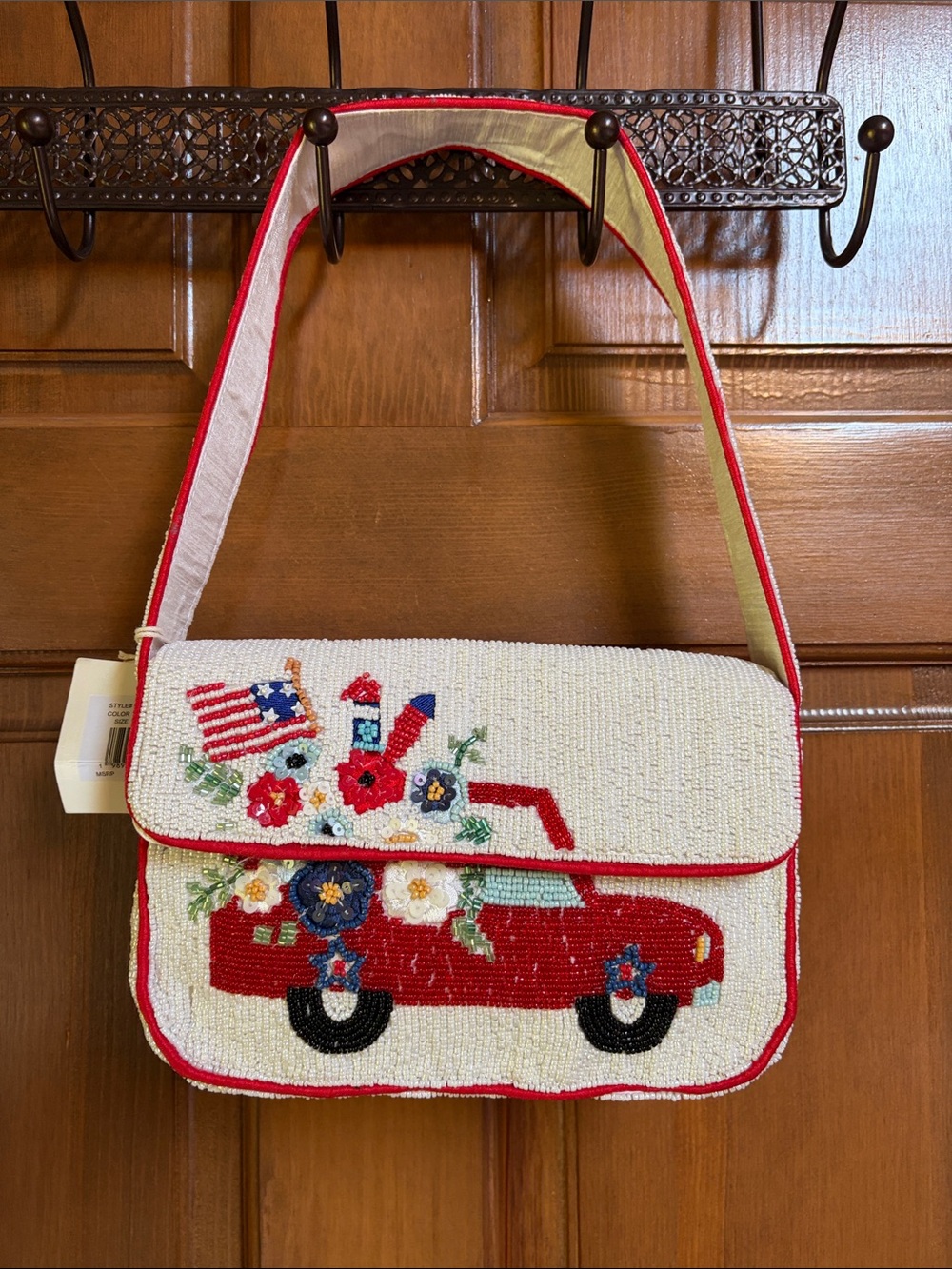 Sol and Mer White Red Blue Americana Patriotic Truck Fireworks Beaded Bag